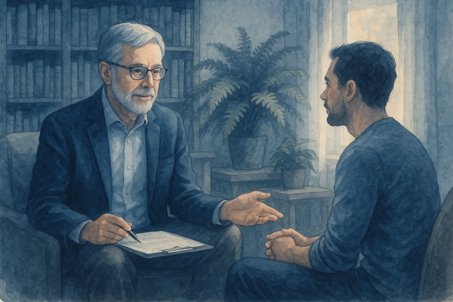 Watercolor image of a psychologist sitting across from his client